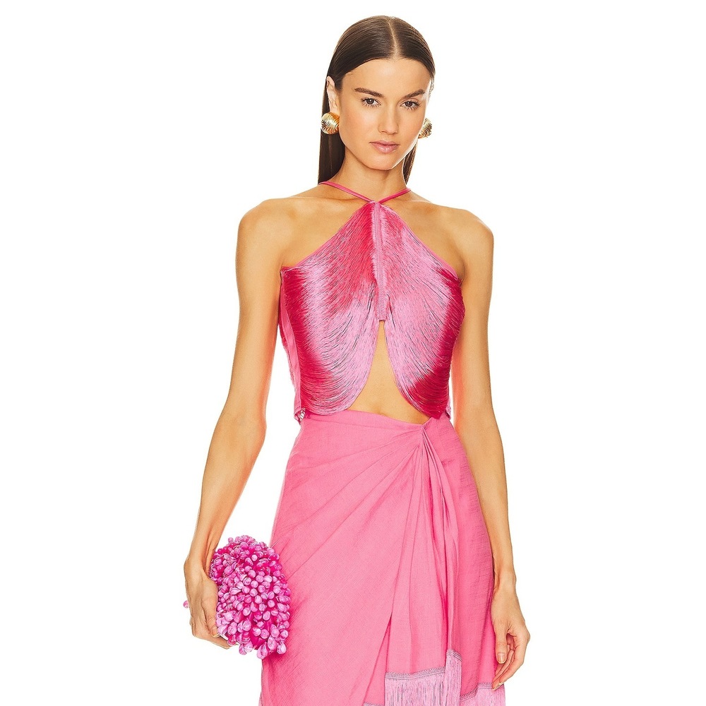 New Cult Gaia Quella Top in Sangria pink fringe draped mesh crop tank flapper